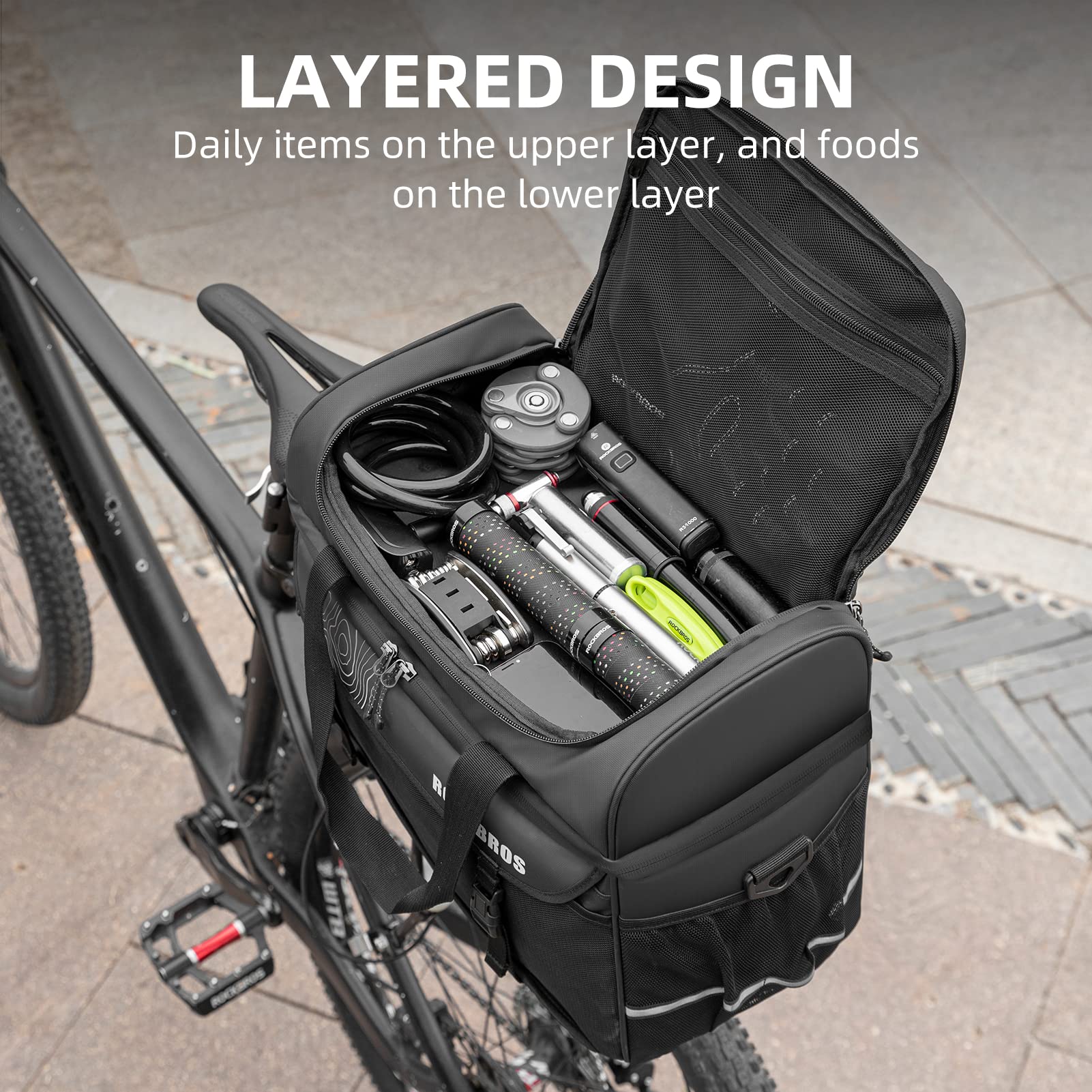 ROCKBROS rain cover deployed protecting bag contents from wet weather