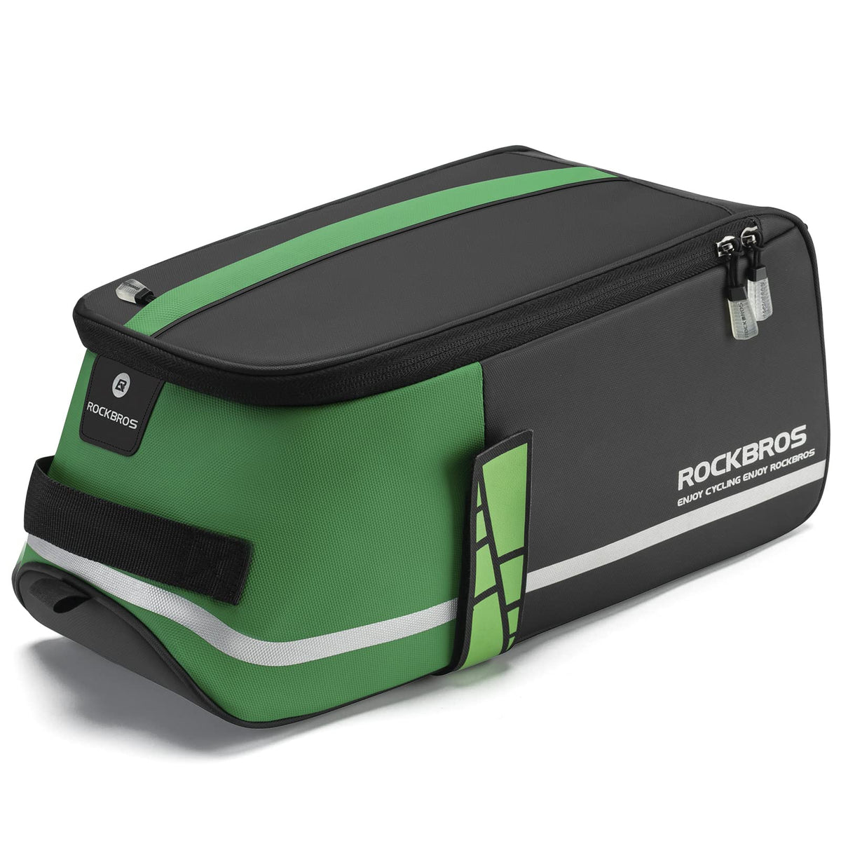 ROCKBROS rear rack bag front view showing shape and mounting, improving bike storage
