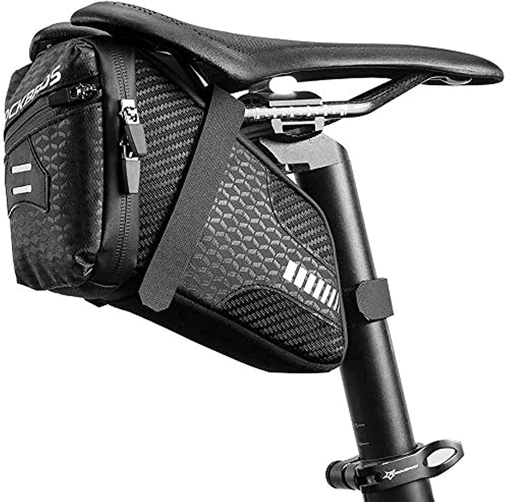 ROCKBROS saddle bag front view showing durable wedge shape and zipper, keeps gear organized