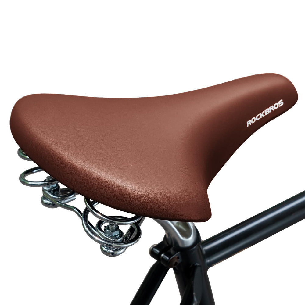 ROCKBROS front view of vintage brown saddle showing comfort shape and retro look