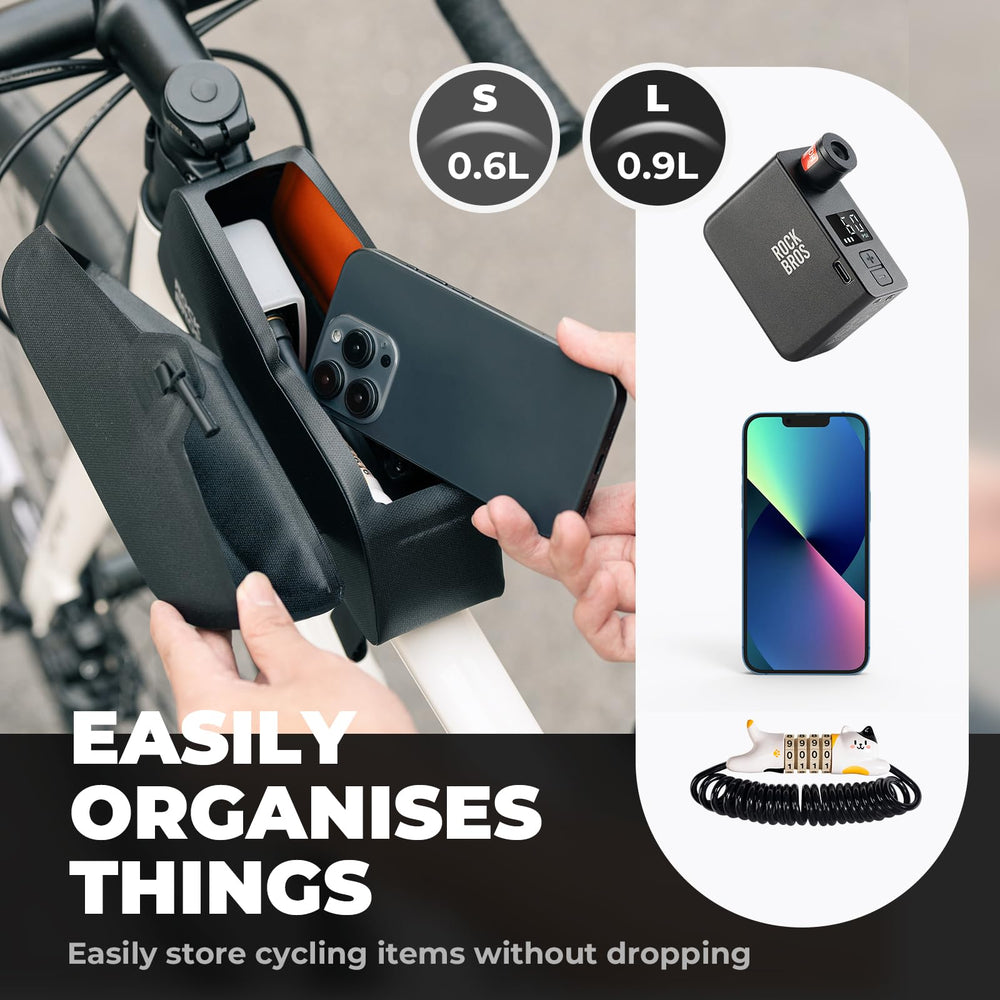 ROCKBROS size comparison on bike frame showing small and large options for capacity benefit