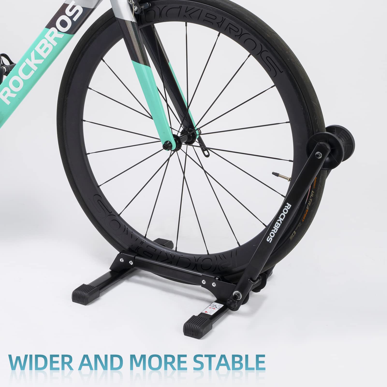 ROCKBROS close-up of wheel cradle showing secure grip and easy push-in benefit