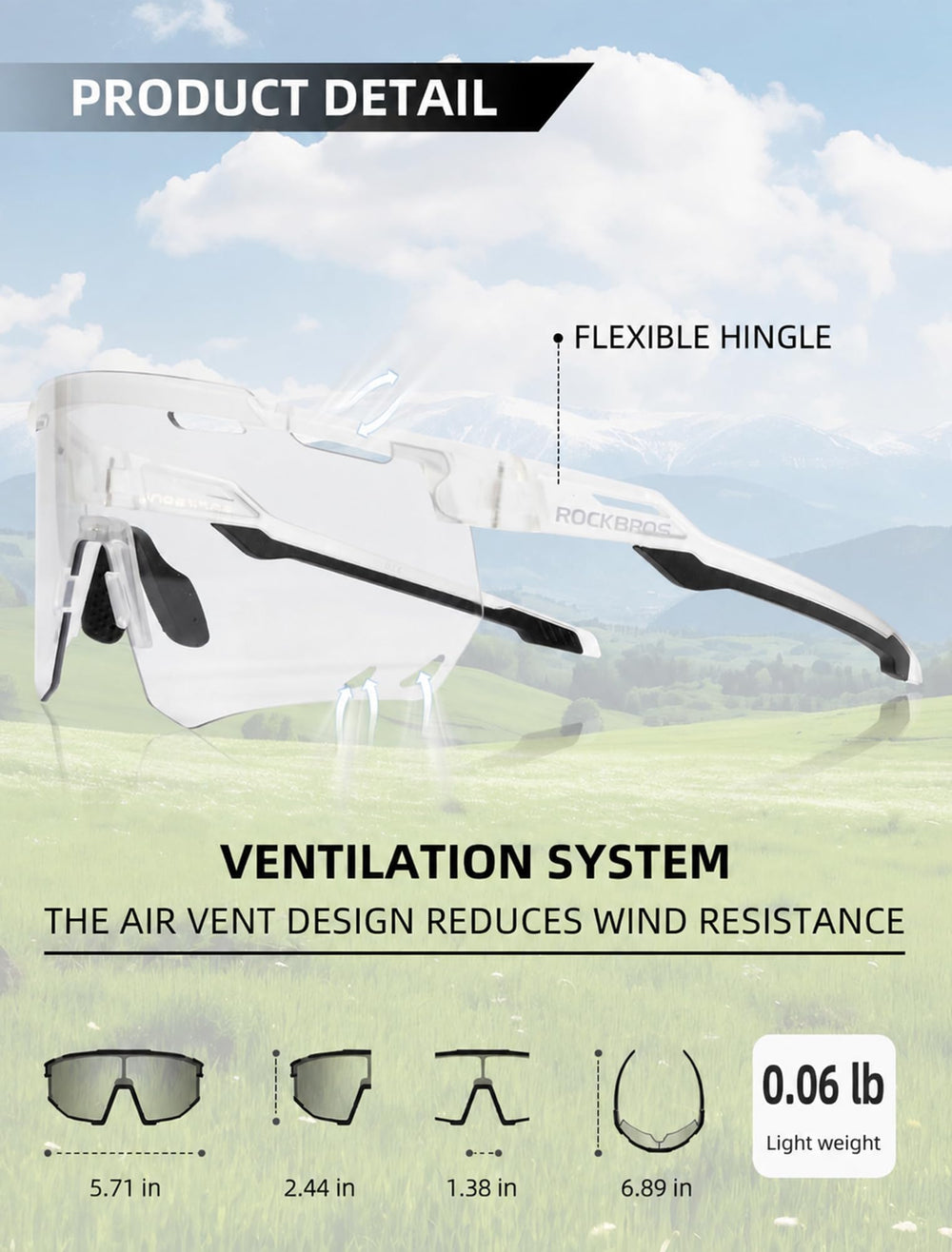 ROCKBROS temple and hinge detail highlighting durable lightweight frame