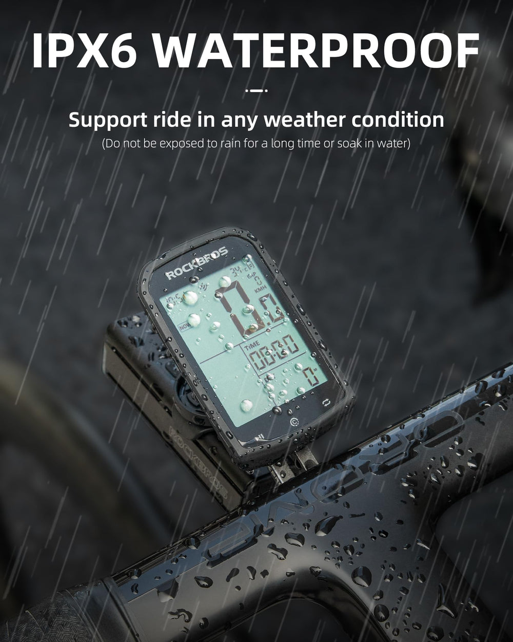 ROCKBROS on a rainy trail showing IPX6 water resistance benefit