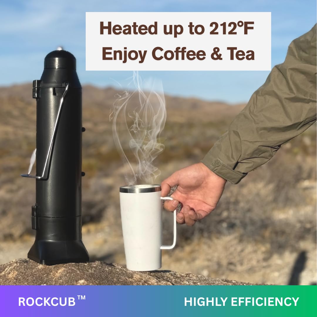 ROCKCUB solar kettle placed in sunlight illustrating fuel-free heating benefit