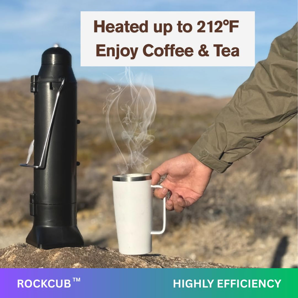 ROCKCUB solar kettle placed in sunlight illustrating fuel-free heating benefit
