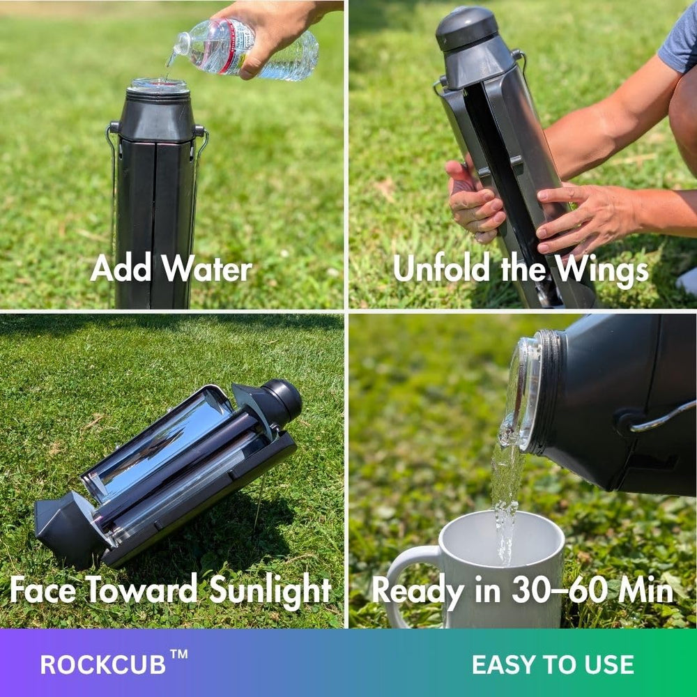 ROCKCUB solar kettle packed inside a backpack demonstrating easy carry