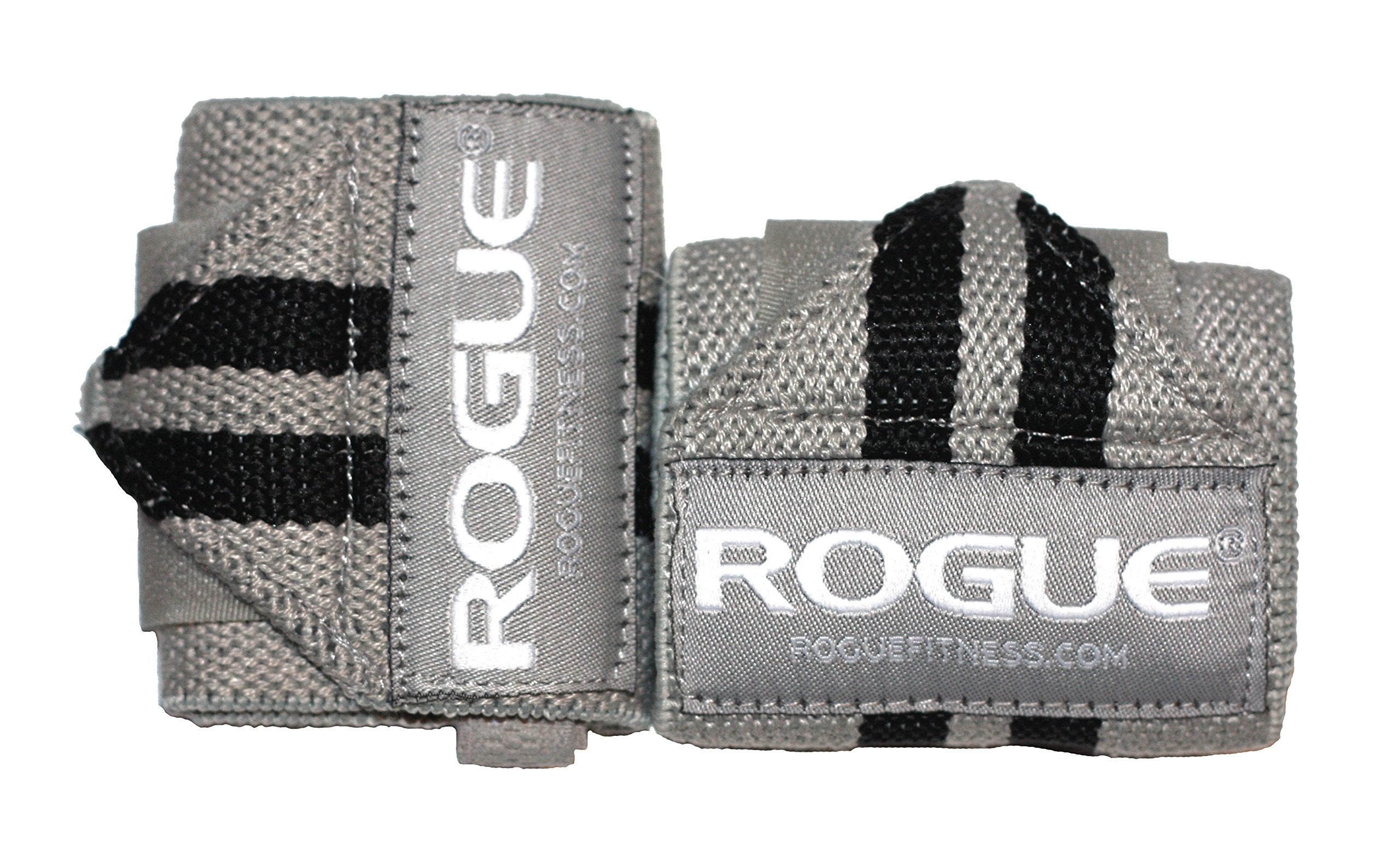 Rogue Fitness gray wrist wrap front view showing durable fabric and secure fit benefit