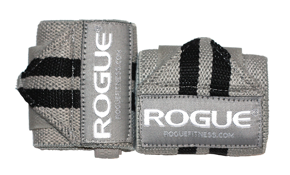 Rogue Fitness gray wrist wrap front view showing durable fabric and secure fit benefit