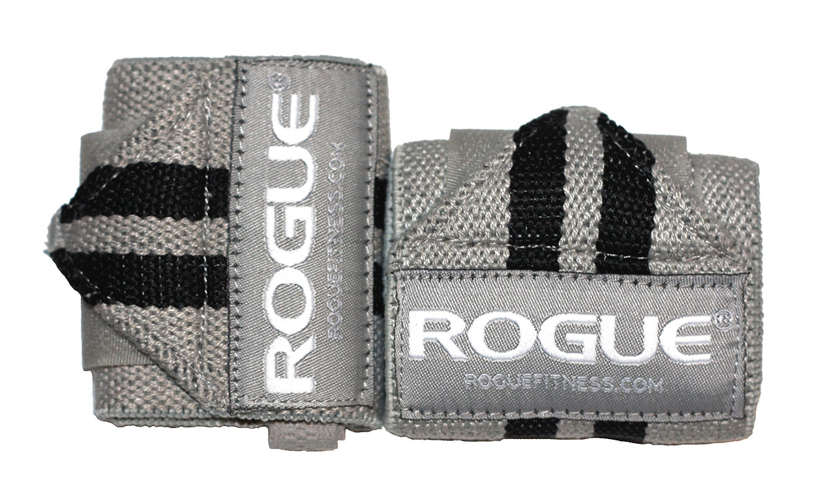 Rogue Fitness gray wrist wrap front view showing durable fabric and secure fit benefit