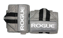 Rogue Fitness gray wrist wrap front view showing durable fabric and secure fit benefit