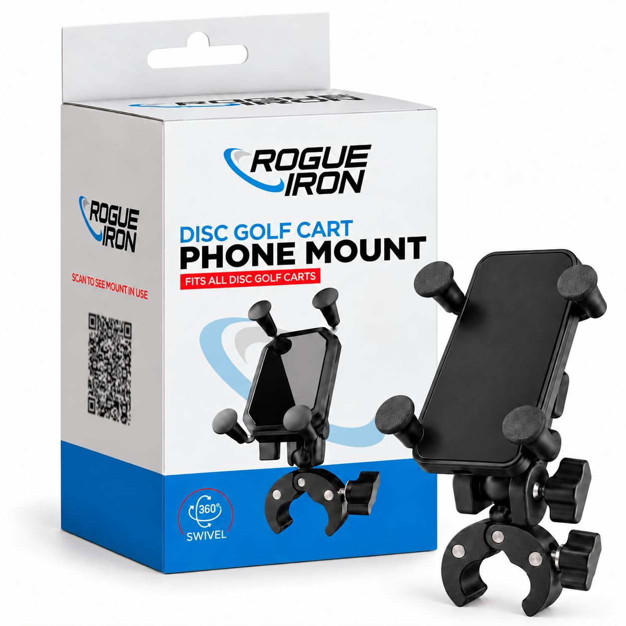 Rogue Iron front view of phone mount showing compact profile and quick setup