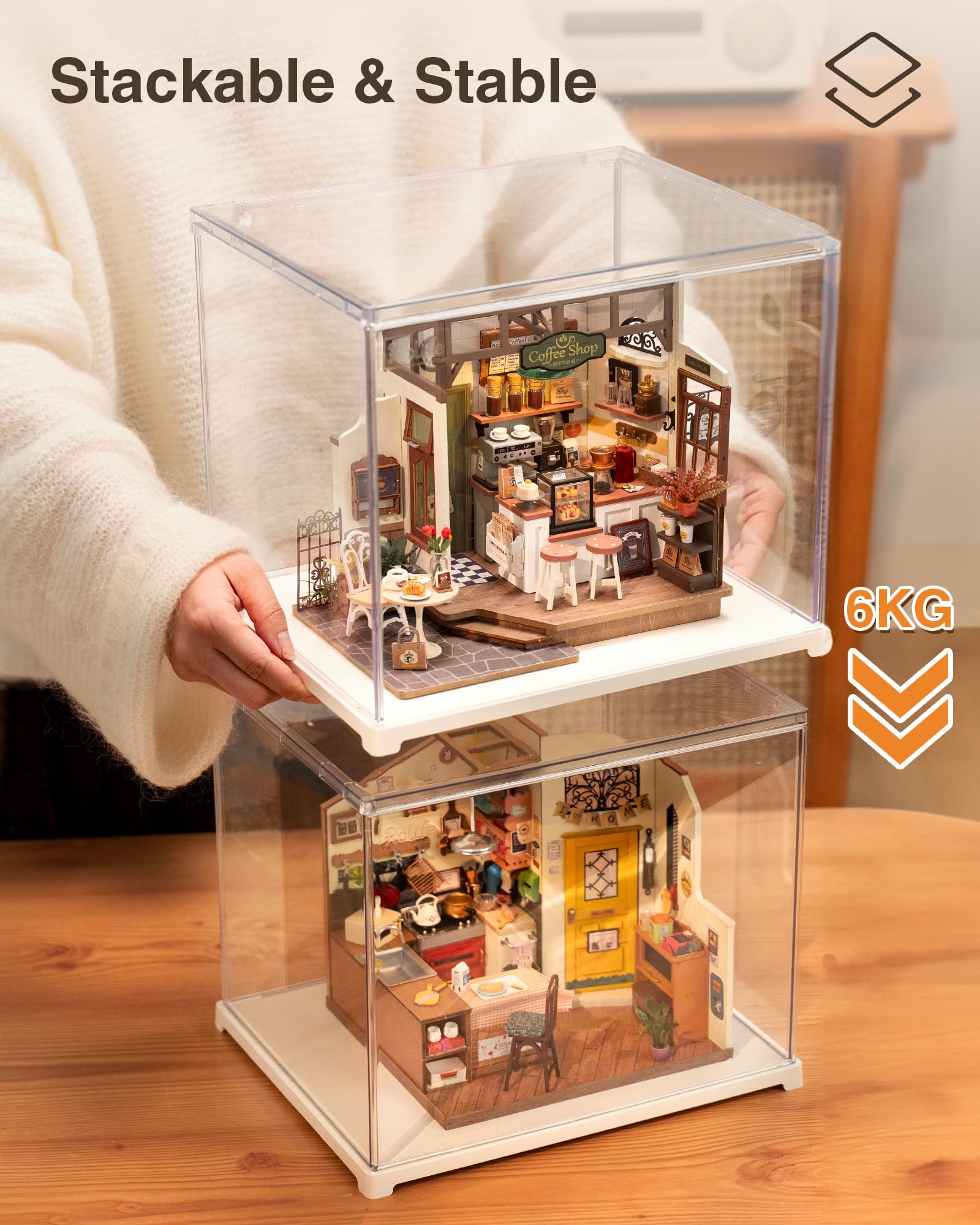 Rolife stacked displays on shelf creating multi-level organized presentation