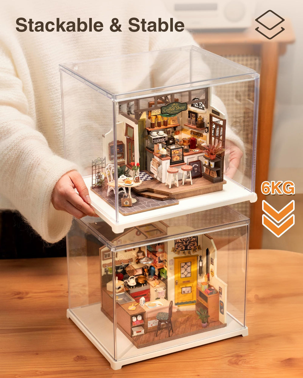Rolife stacked displays on shelf creating multi-level organized presentation