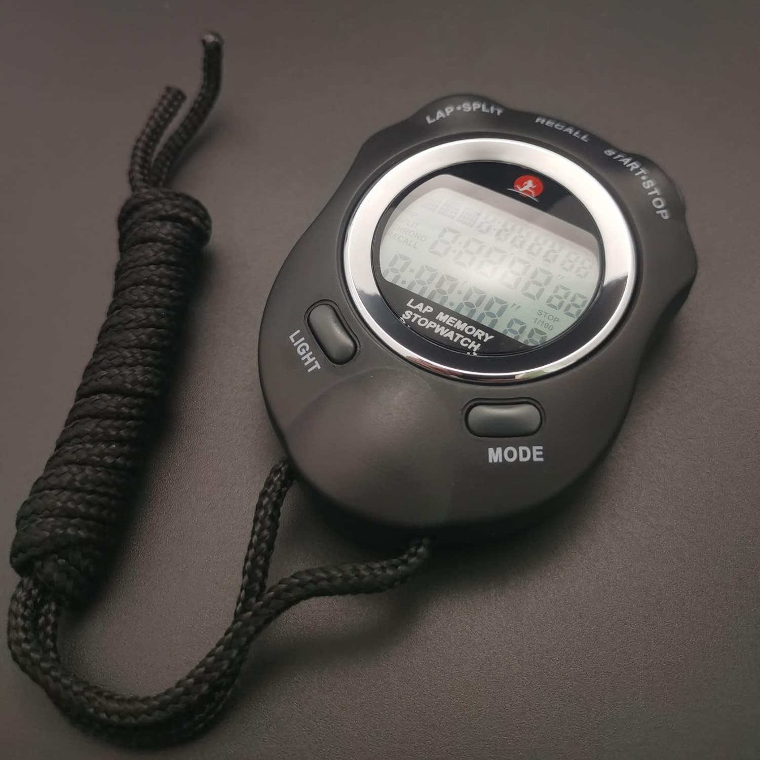Rolilink stopwatch held by coach demonstrating easy single-hand use