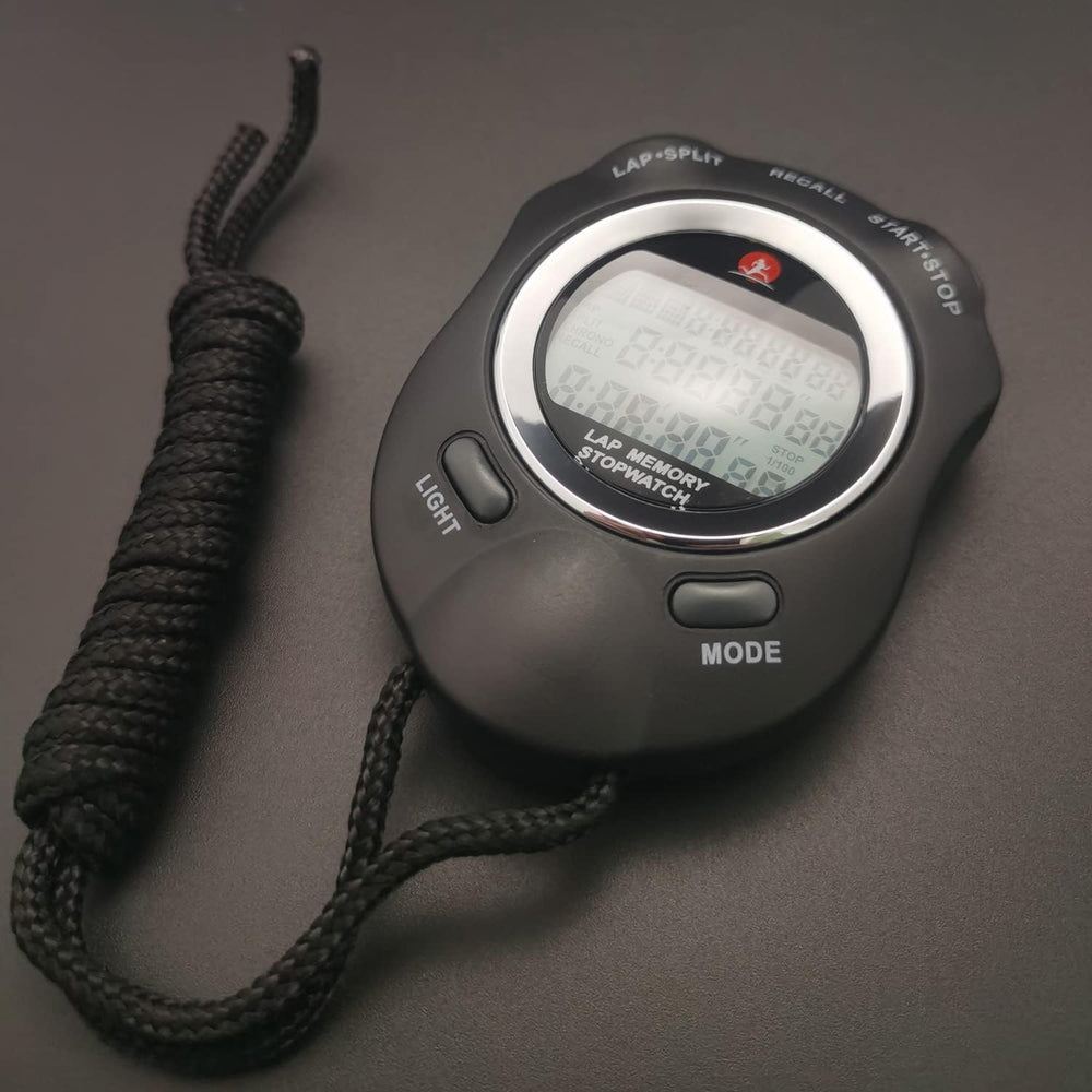 Rolilink stopwatch held by coach demonstrating easy single-hand use