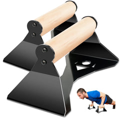 Rolitwils parallettes front view showing sturdy steel frame and wooden grips for stable training