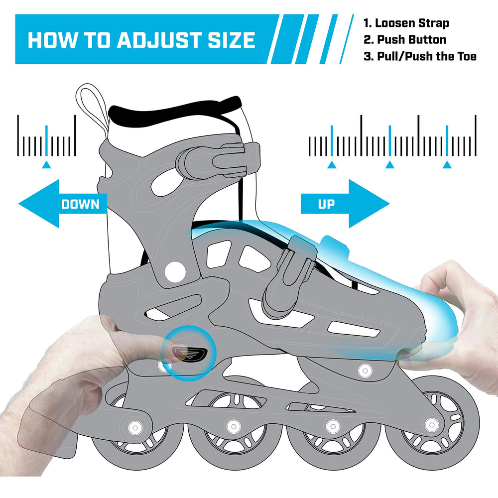 Roller Derby Stryde push-button size adjuster demonstrating tool-free growth fit