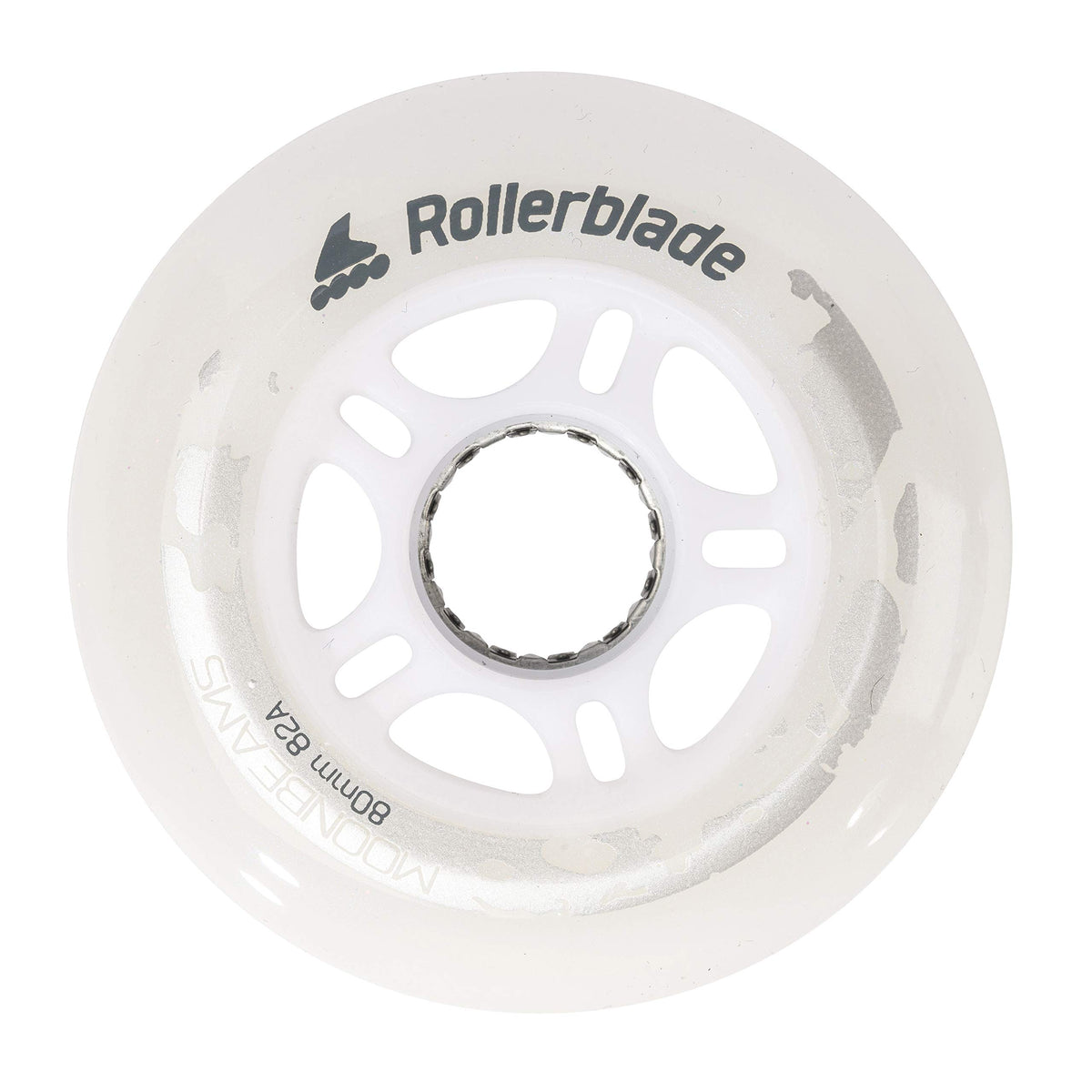 Rollerblade Moonbeam front view showing wheel set and included spacers for easy upgrade