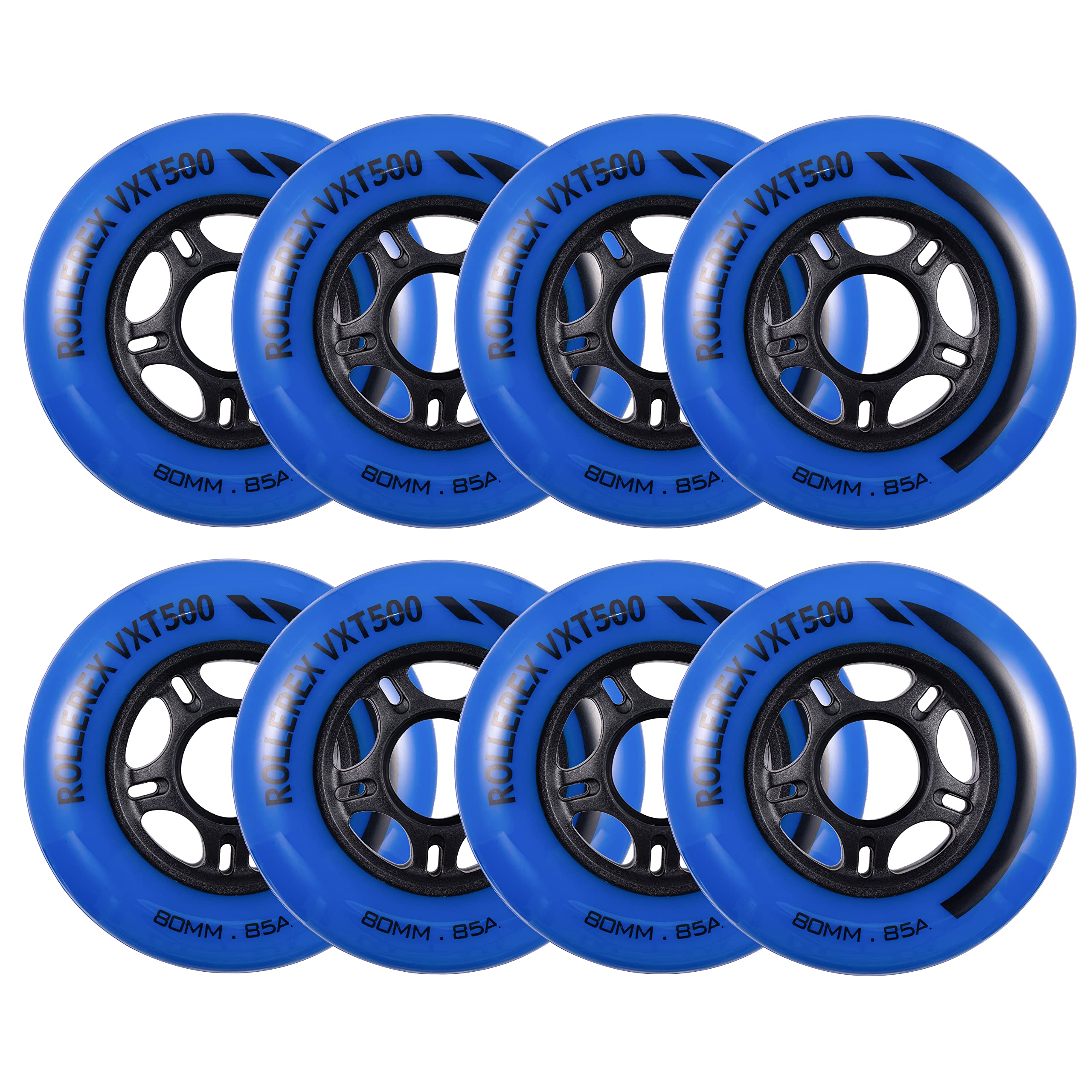 Rollerex front view of deep sea blue VXT500 wheels showing color and finish for visual appeal