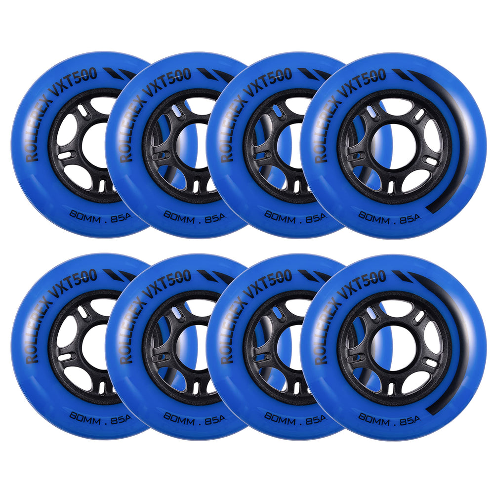 Rollerex front view of deep sea blue VXT500 wheels showing color and finish for visual appeal