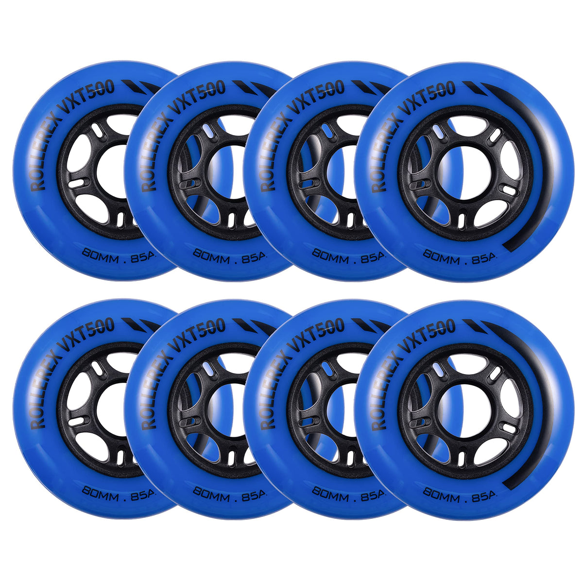 Rollerex front view of deep sea blue VXT500 wheels showing color and finish for visual appeal