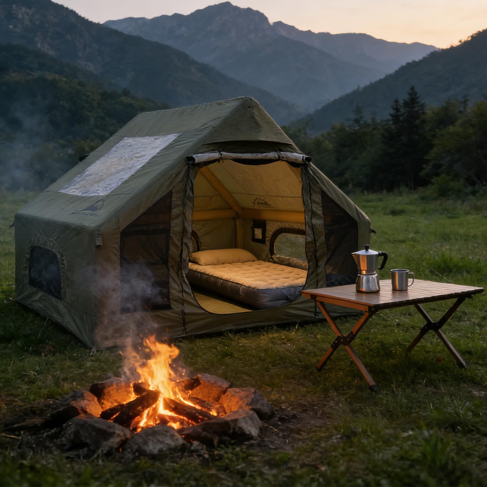 Romantic Camp team inflating tent demonstrating easy pole-free assembly benefit