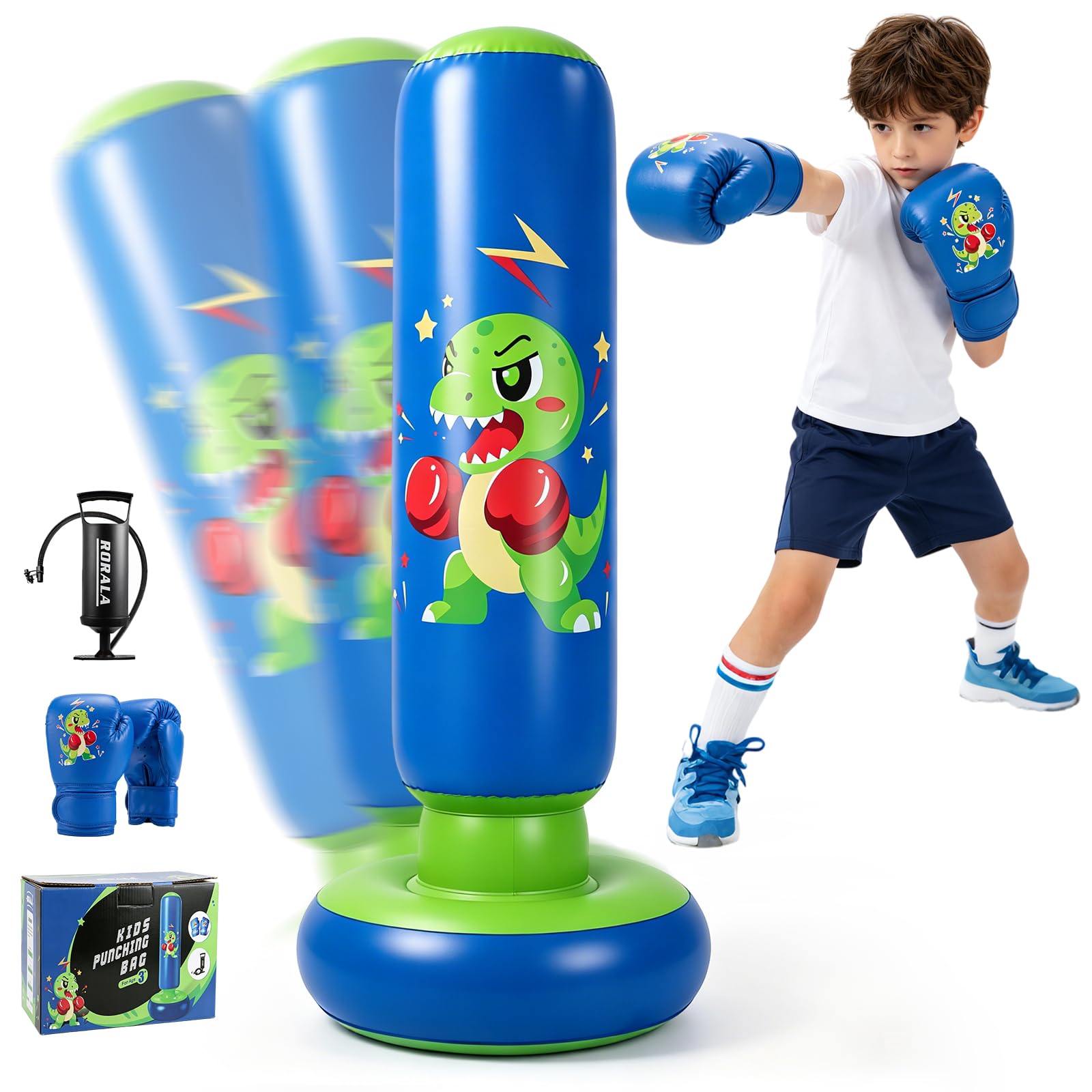 RORALA dinosaur punching bag front view showing playful design and active play benefit