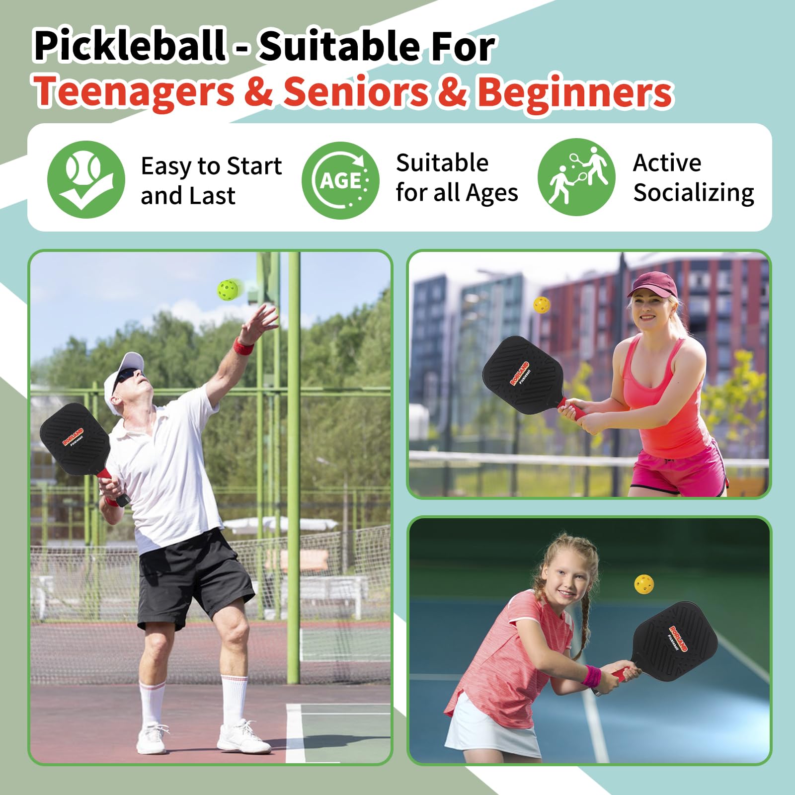 RORLAND four pickleballs beside paddle showing ready-to-play convenience
