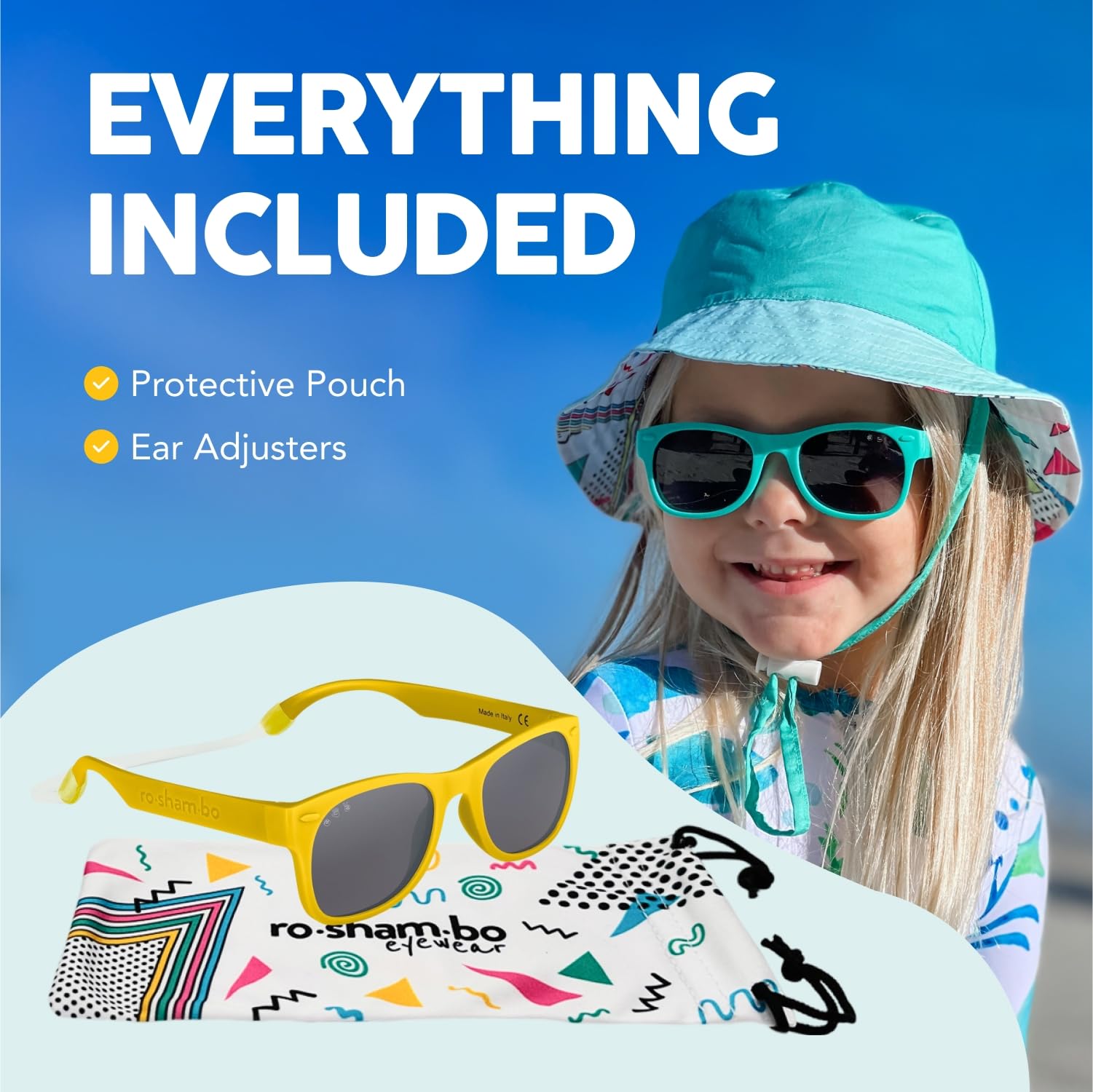 Roshambo Baby strap attached to sunglasses keeping shades on during play