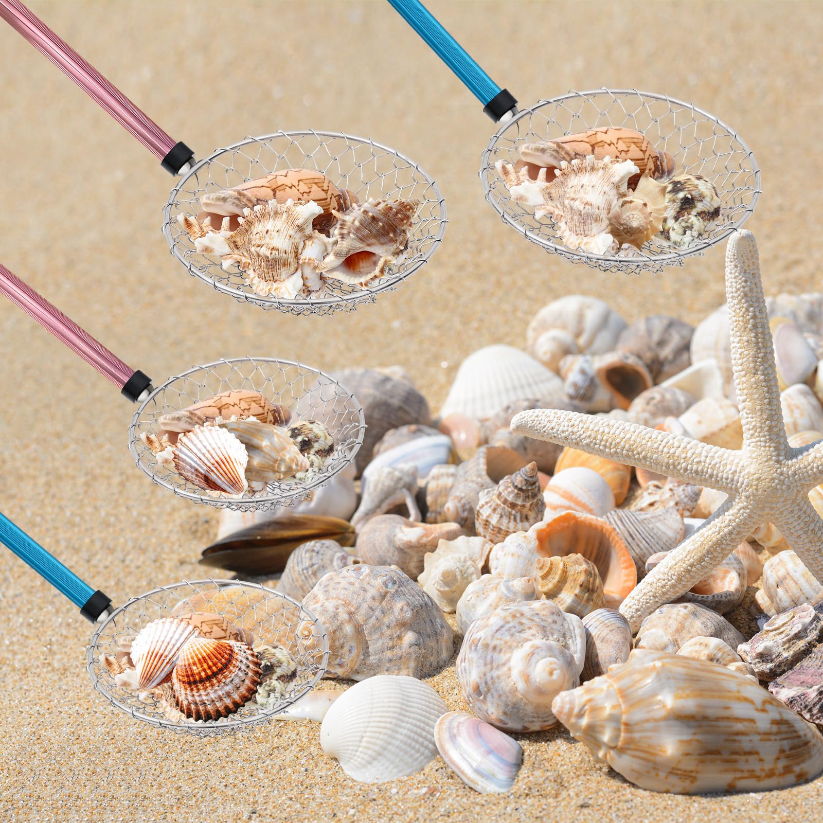 Roshtia family in use on shore using sifters to collect shells without bending over