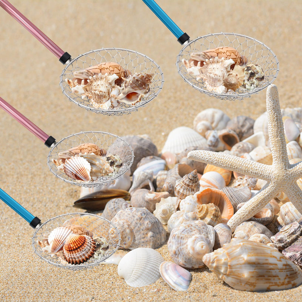 Roshtia family in use on shore using sifters to collect shells without bending over