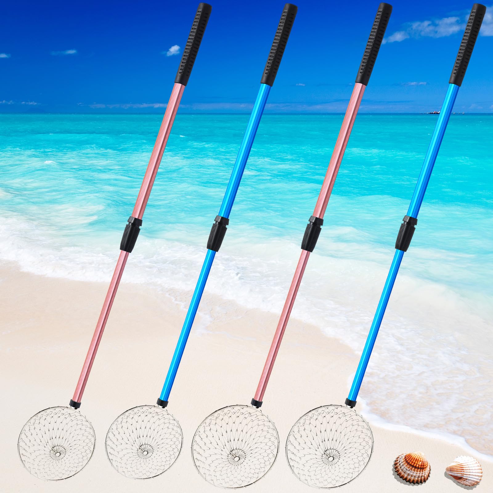 Roshtia front view pack showing four colorful adjustable sand sifters and grips for easy family use