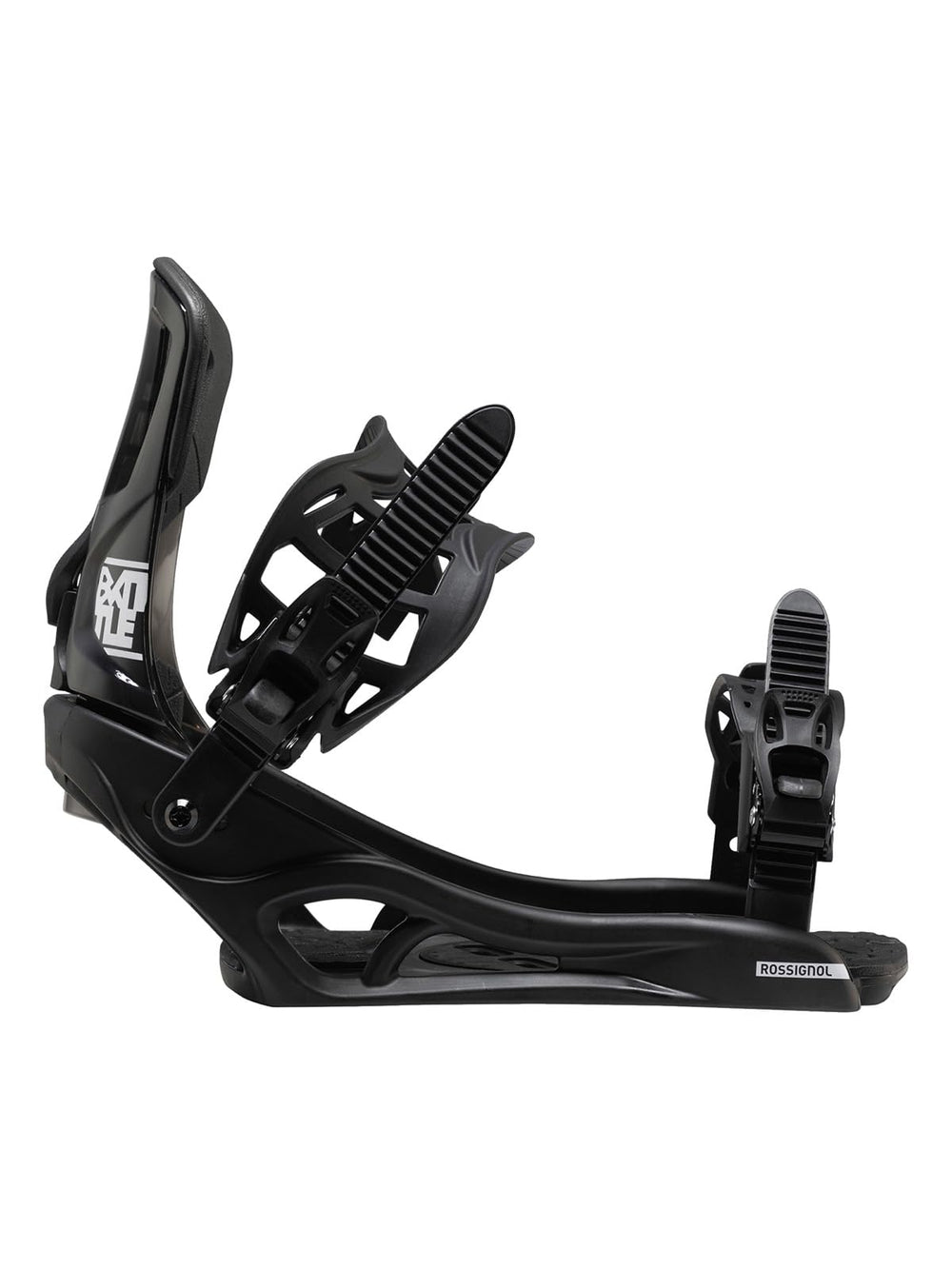 Rossignol front profile of the binding showing secure base and sleek black finish for stability