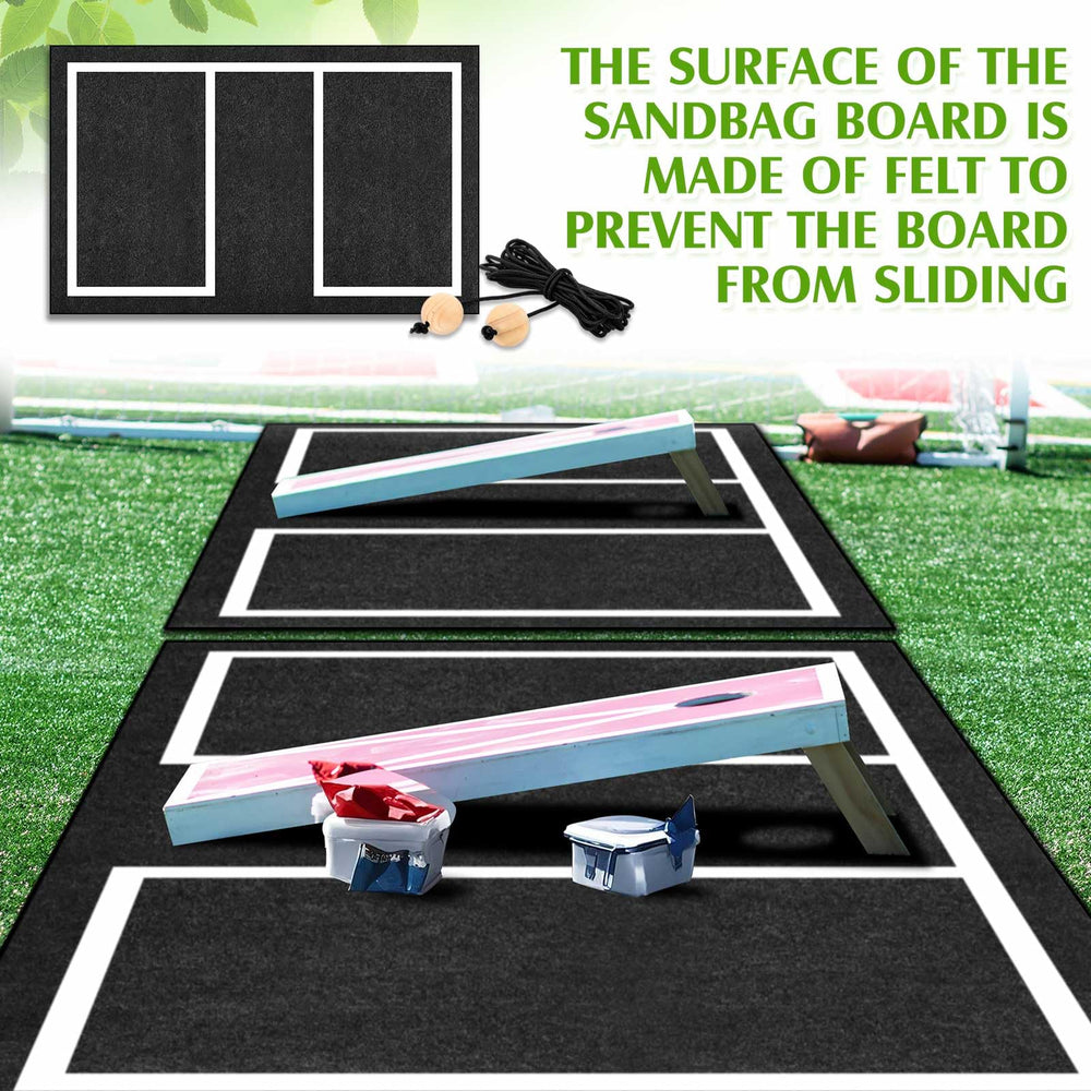 RoundFunny size comparison next to cornhole board showing extra coverage