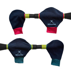 ROWPRO pogies fitted on oar in use demonstrating warmth and secure grip while rowing