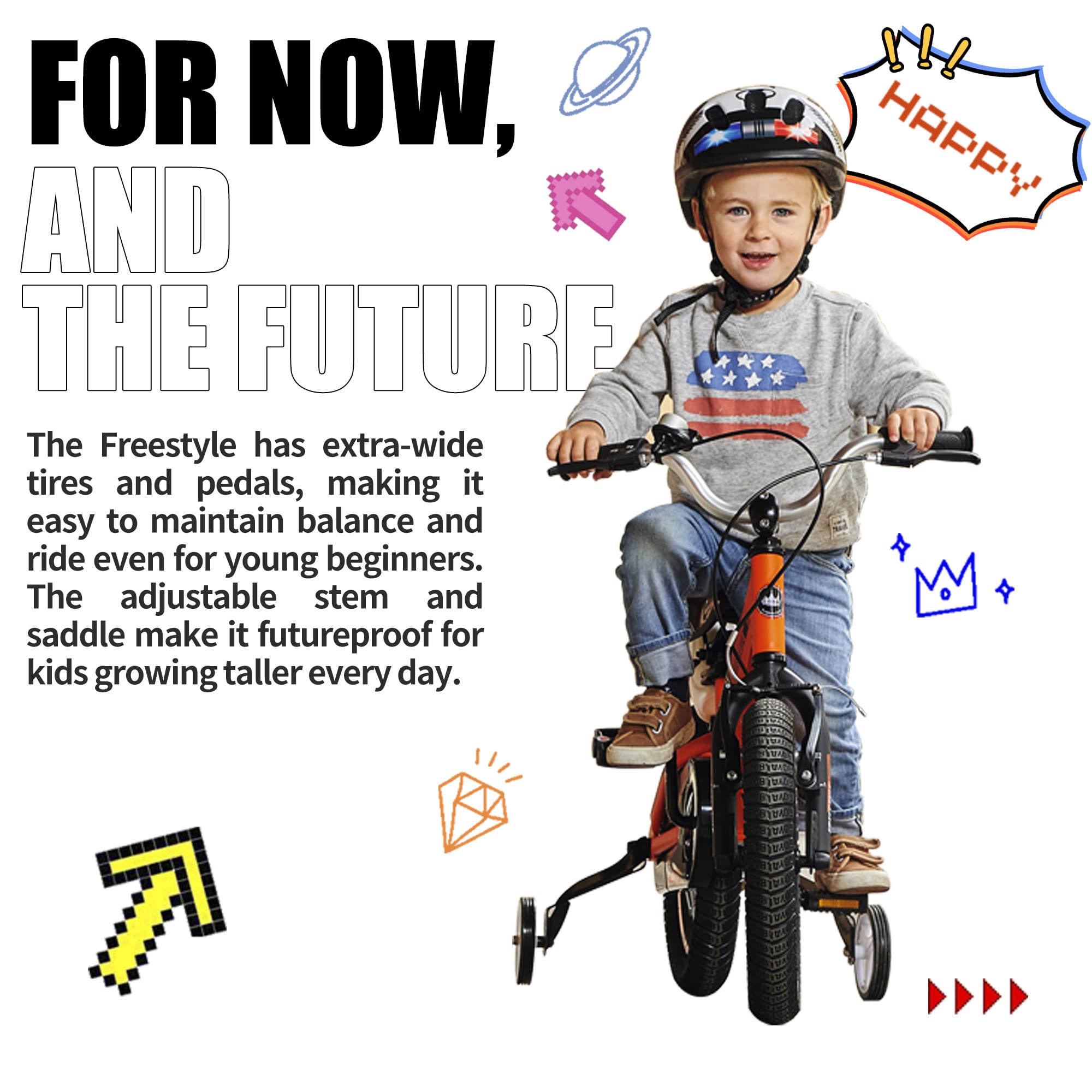 RoyalBaby lifestyle shot of child riding to show fit and confidence on pavement