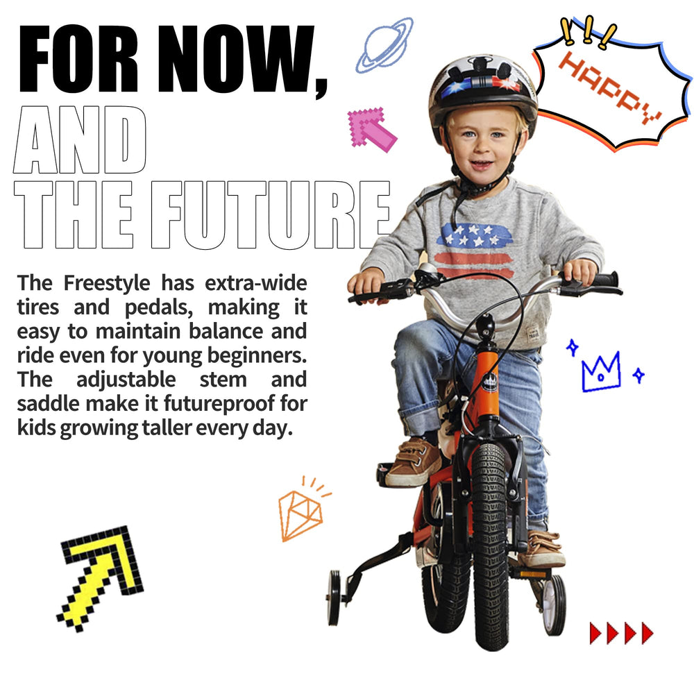 RoyalBaby lifestyle shot of child riding to show fit and confidence on pavement