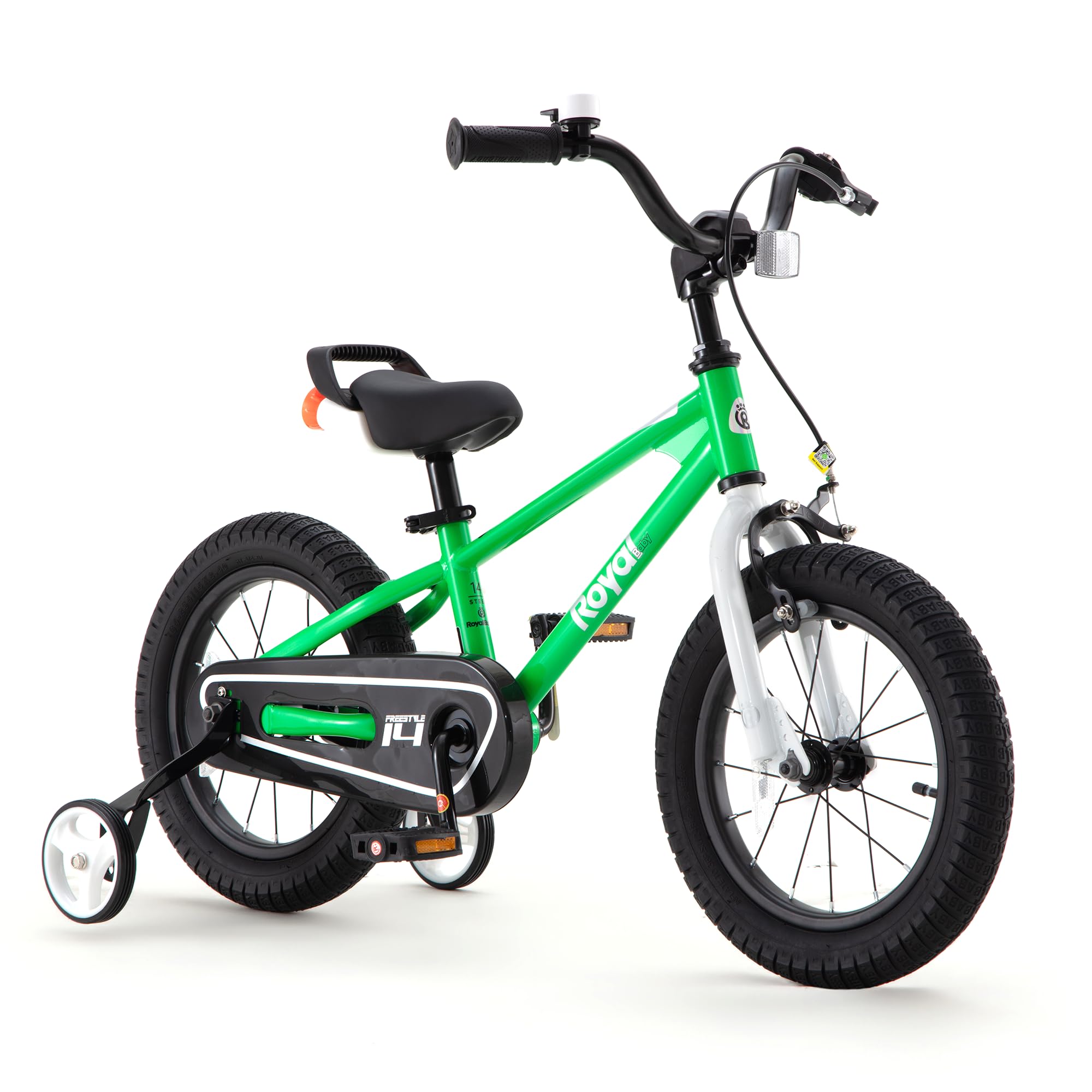 RoyalBaby front-angle view showing green freestyle bike and sturdy frame, great for confidence