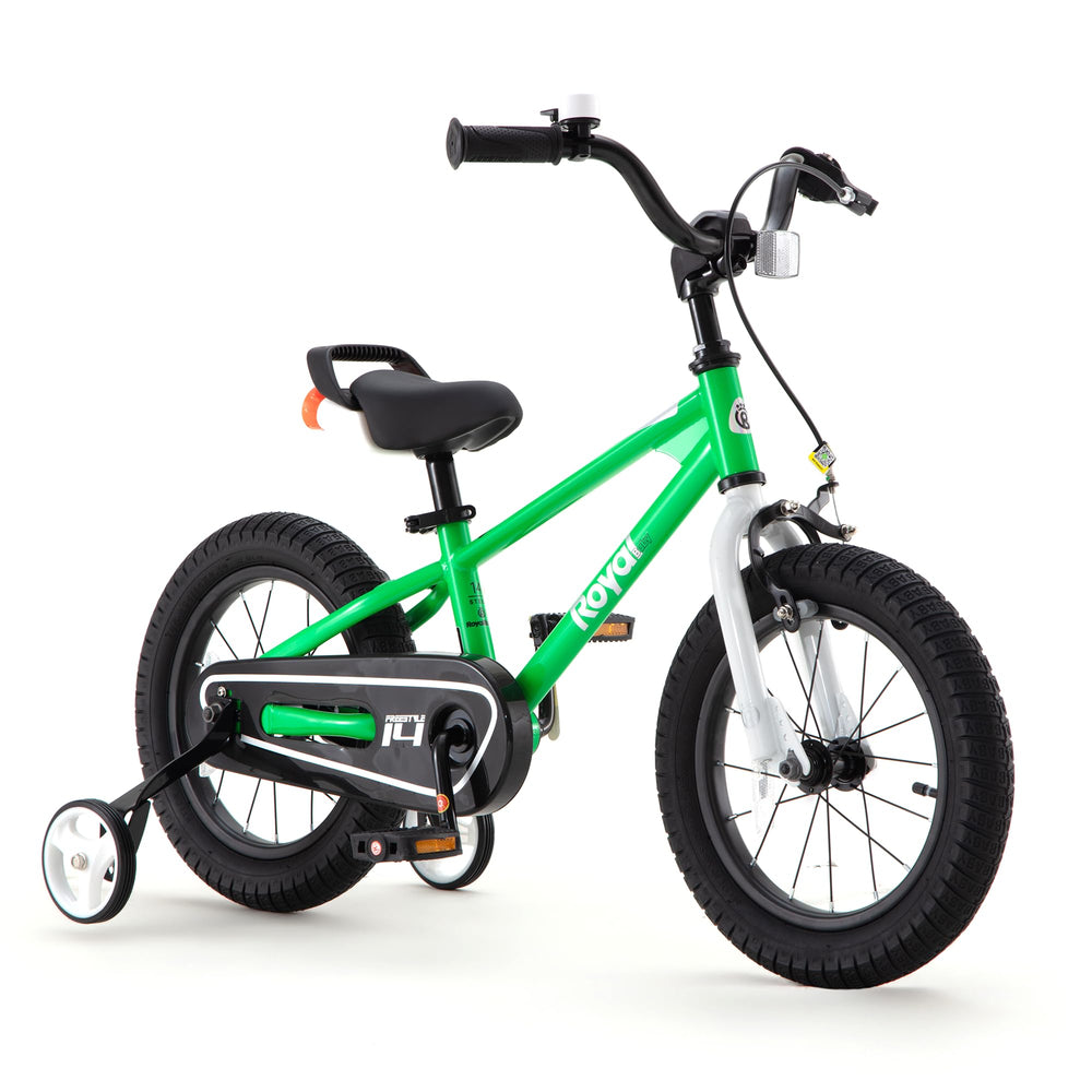 RoyalBaby front-angle view showing green freestyle bike and sturdy frame, great for confidence