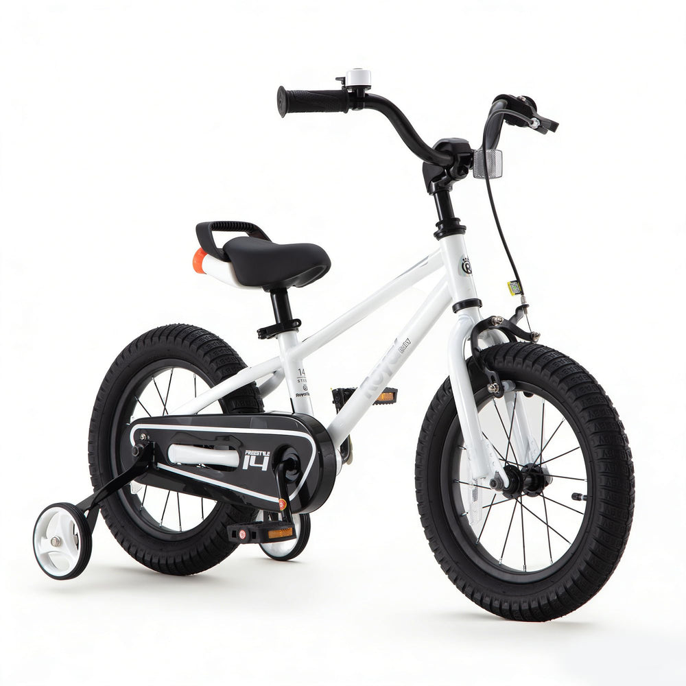 RoyalBaby front view of white Freestyle bike showing compact frame and fun design