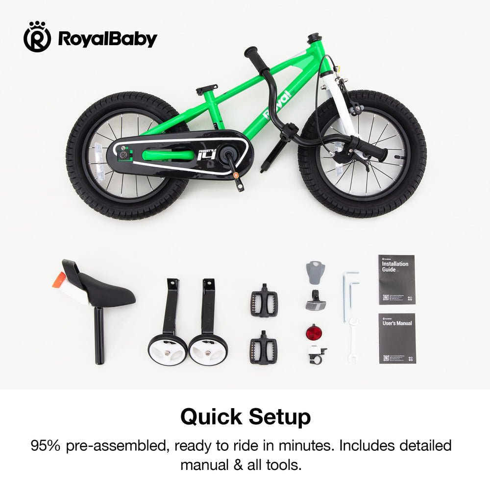 RoyalBaby bike next to child to show scale and appropriate 16-inch fit