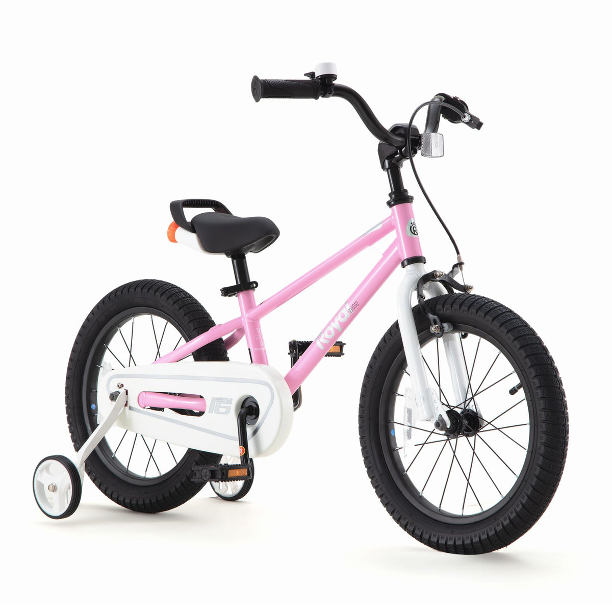RoyalBaby front view of pink bike showing sporty frame and balanced stance