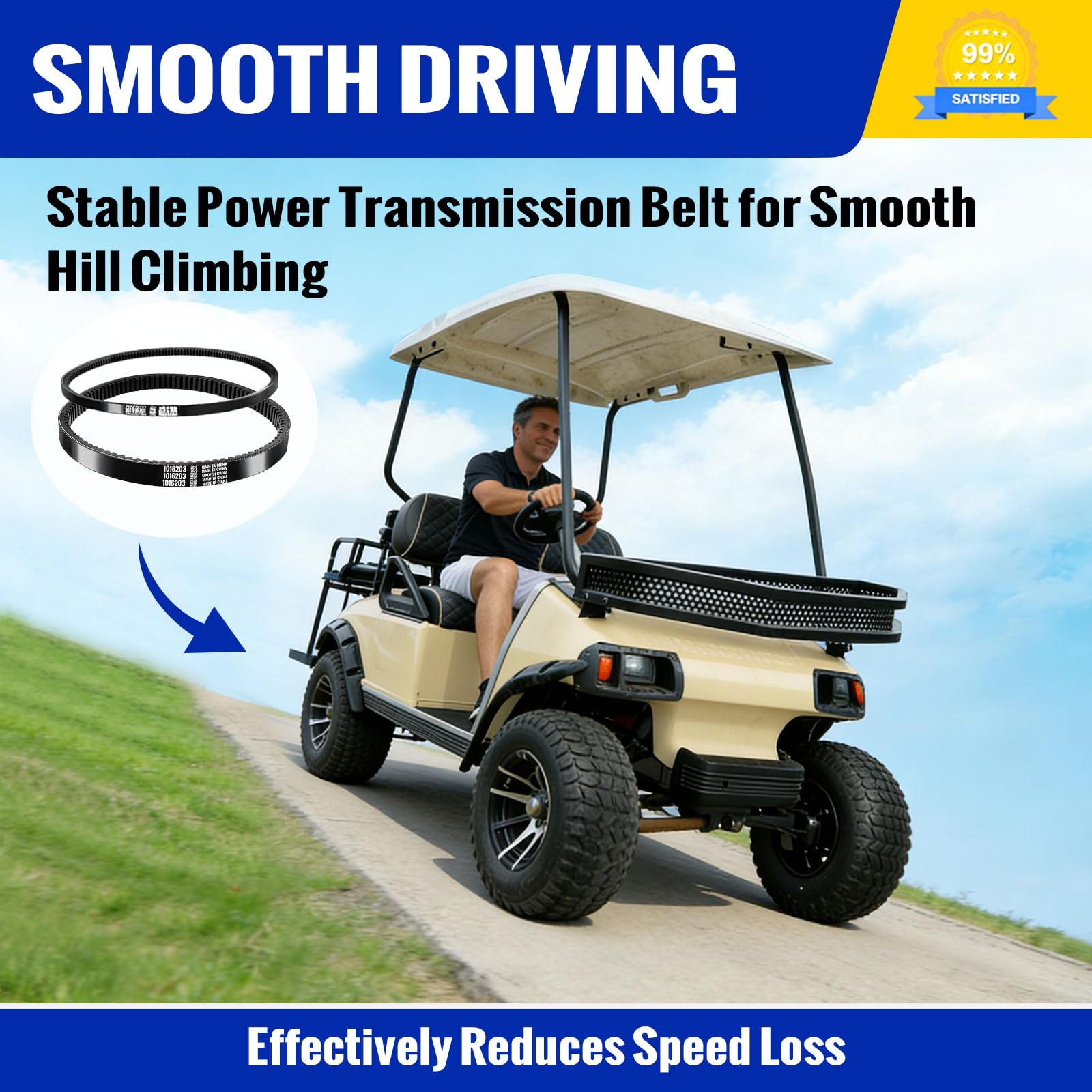 Roykaw belt installed on Club Car pulley showing improved engagement and smooth drive