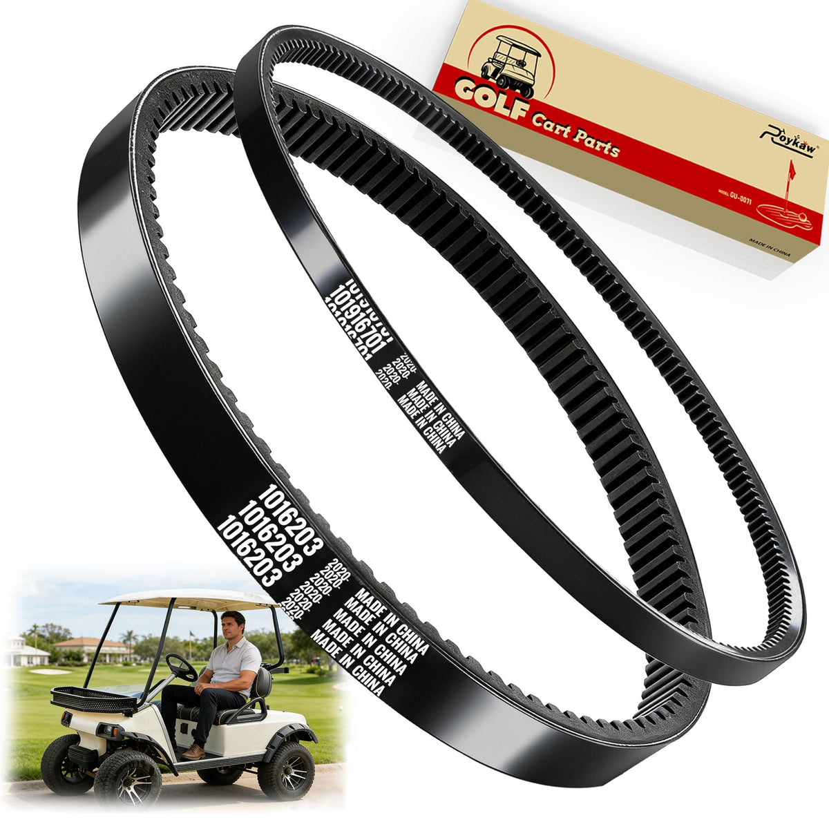 Roykaw front packaging showing both belts and fitment details for quick identification