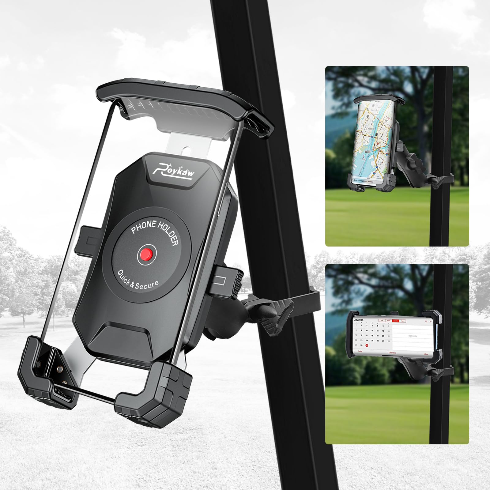 Roykaw front view of mount showing secure phone positioning and easy access