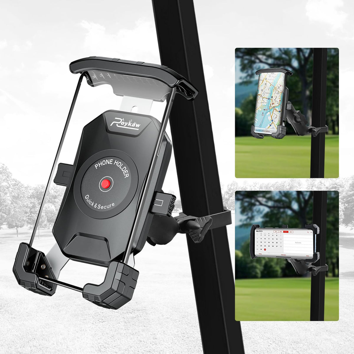 Roykaw front view of mount showing secure phone positioning and easy access