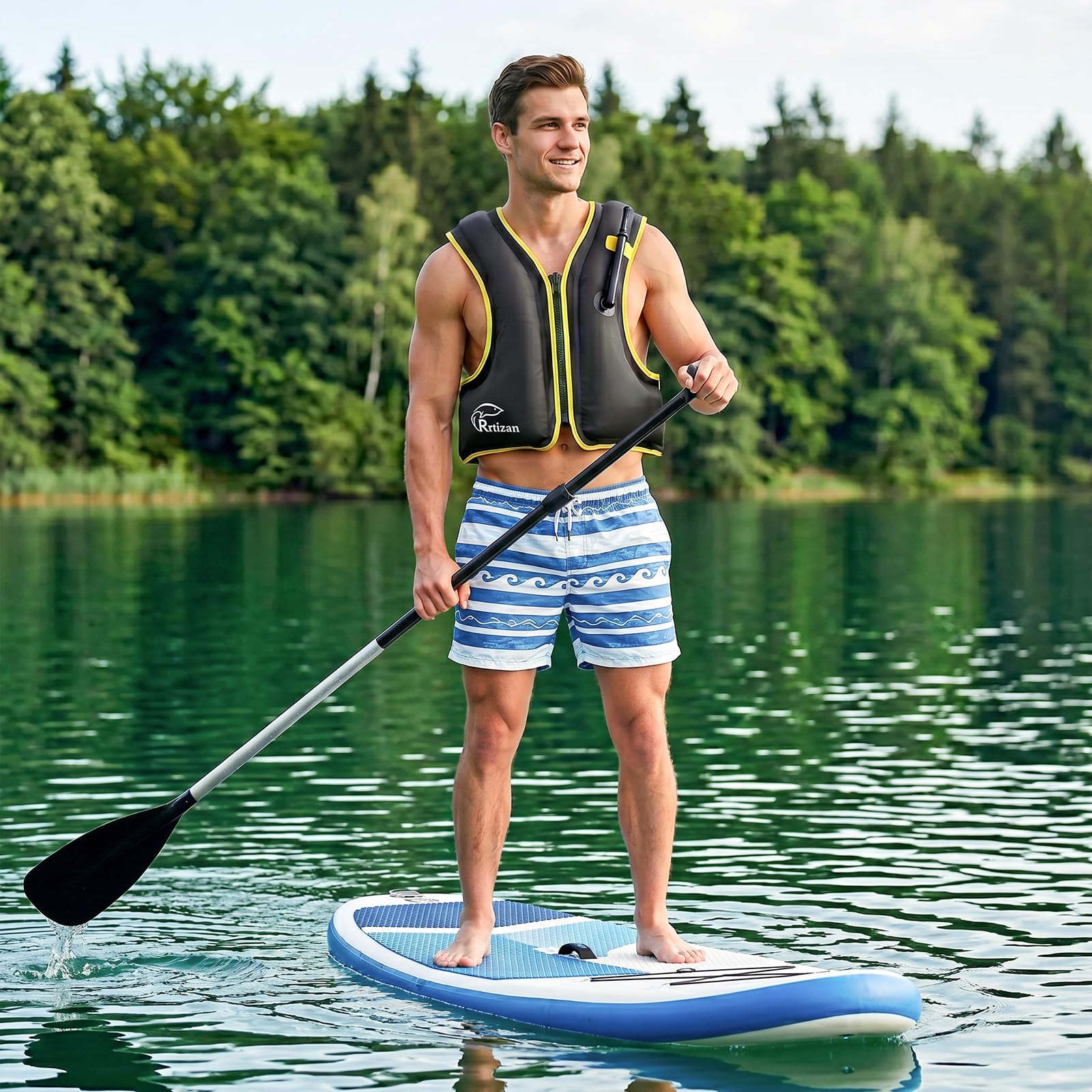 Rrtizan person snorkeling inflated vest providing buoyancy and freedom