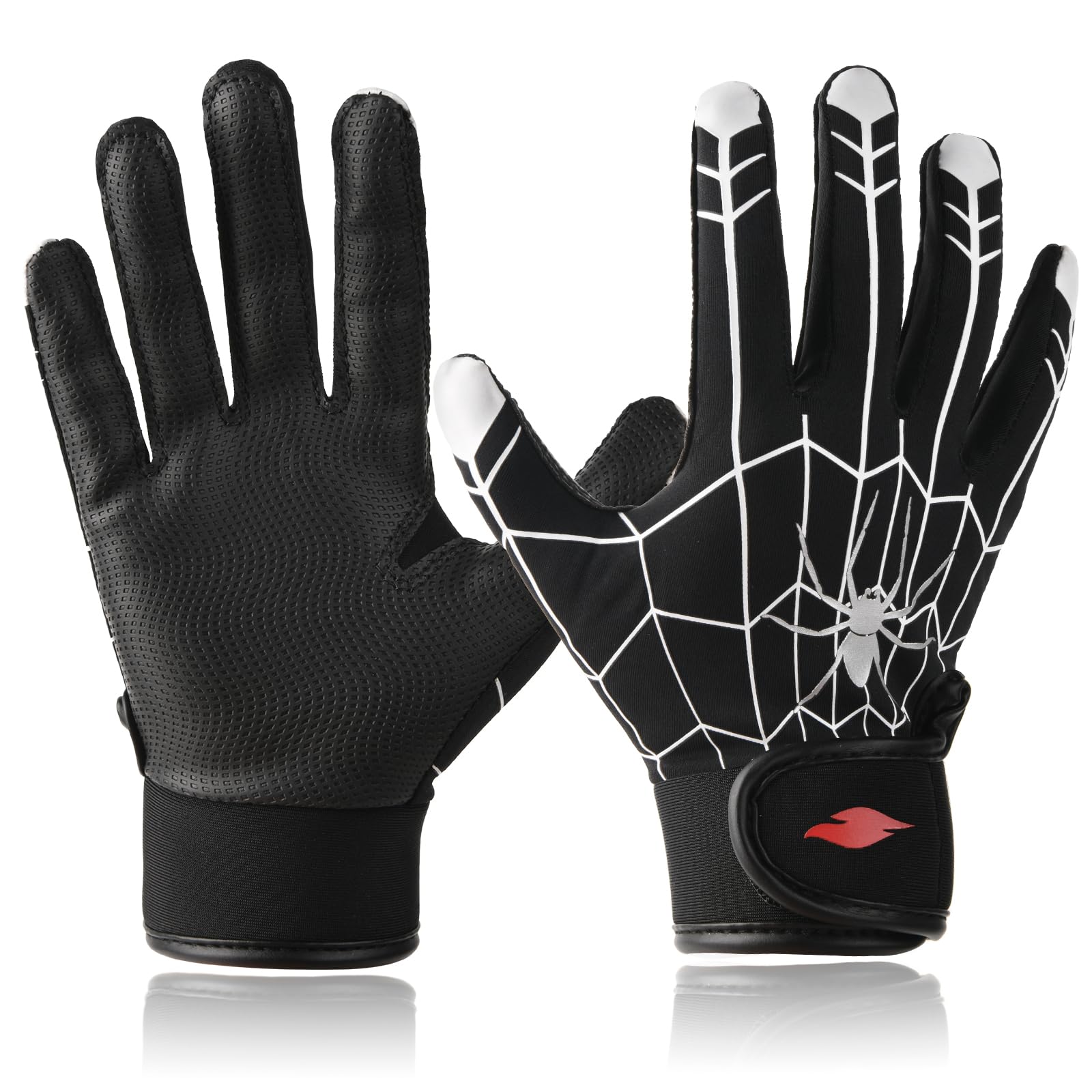 RSPGO front view of spider black youth batting gloves showing compact fit and style benefit