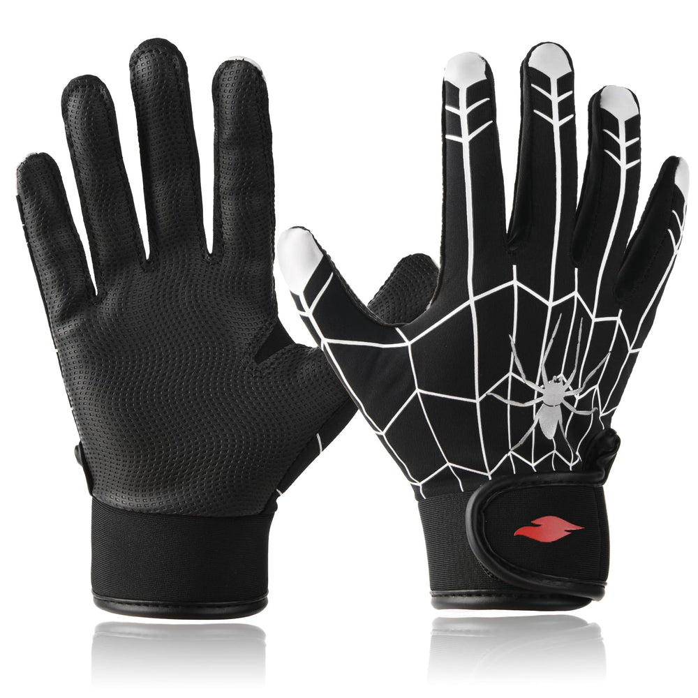 RSPGO front view of spider black youth batting gloves showing compact fit and style benefit